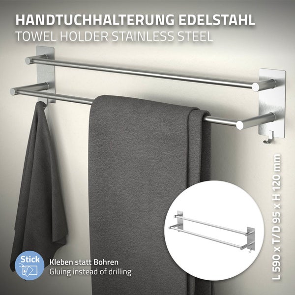 ML-Design Handtuchhalter ohne Bohren 59 cm, 2 Handtuchstangen, 2 Haken, Silber, Edelstahl, Wandmontage, Badetuchhalter Doppelt zum kleben für Bad&Küche, Modern Wandhalter selbstklebend für Handtücher