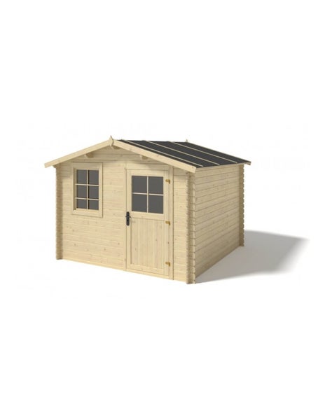 Gartenhaus aus Holz mit Satteldach, einer Einzeltür mit Fenster und einem separaten Fenster.