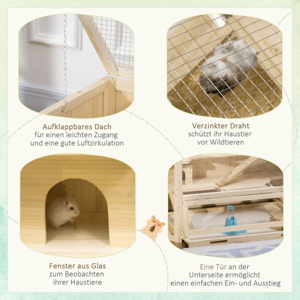 Details eines Nagerhauses aus Holz mit aufklappbarem Dach, verzinktem Draht, Glasfenster und Tür