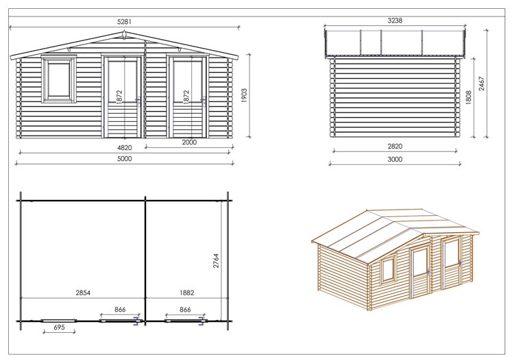 Gartenhaus, Gerätehaus 15m2 - 5x3m - 28mm