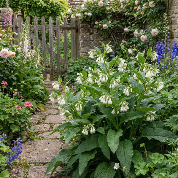Bauerngarten mit Steinweg zu einem Holztor, mit weißem Beinwell, rosa Rosen und blauen Ritterspornen vor einer Steinmauer.