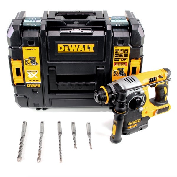 DeWalt Akku-Kombihammer mit passendem TSTAK-Werkzeugkoffer und fünf verschiedenen Bohrern.