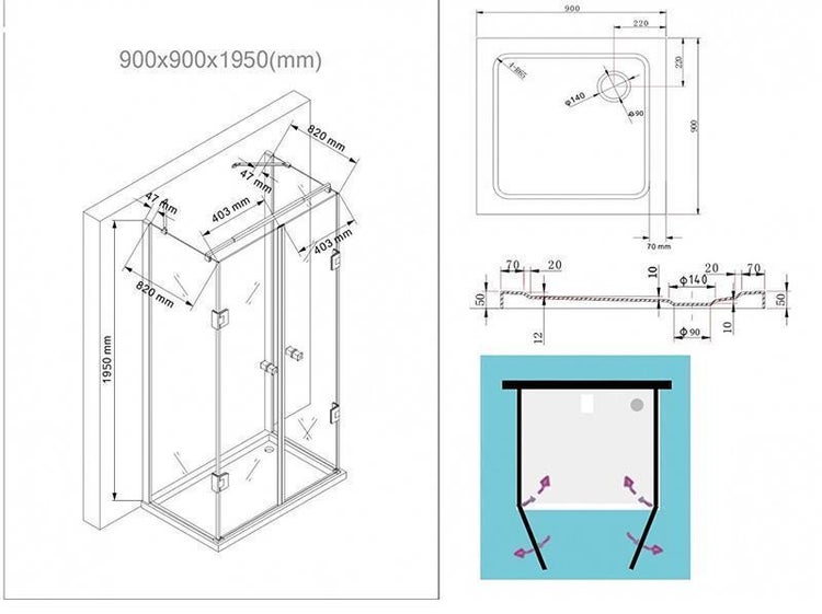 Technische Zeichnung einer Duschkabine mit Maßangaben