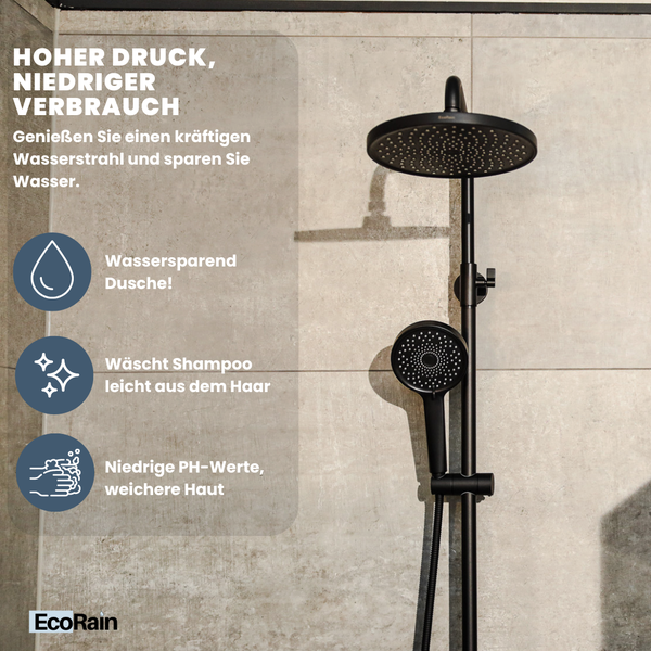EcoRain 30% Wassersparender Regenduschkopf Jet 25 CM Rund - Hoher Wasserdruck - Universeller Anschluss - Anti-Kalk Duschkopf - Schwarz