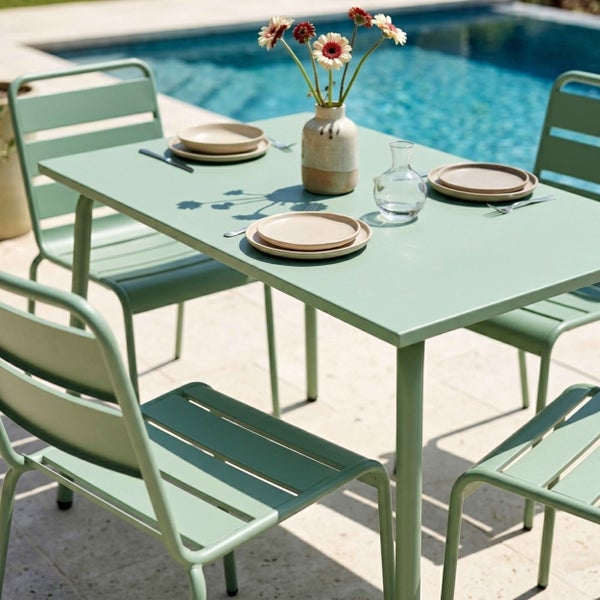 Modernes Gartenmöbel-Set aus Metall mit Tisch und vier Stühlen auf einer hellen Terrasse am Pool, organisiert gedeckt in heller Atmosphäre.