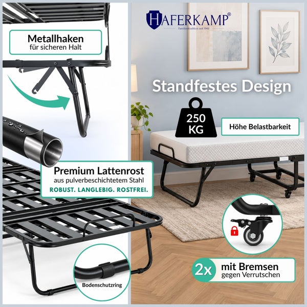 Haferkamp Klappbett mit pulverbeschichtetem Stahlrahmen, Rollen mit Bremsen, Bodenschutzringen und 250 Kilogramm Belastbarkeit.