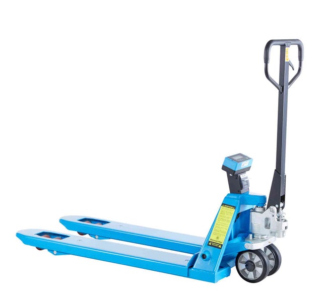 Blauer Hubwagen mit integrierter Waage und Drucker, robuste Stahlkonstruktion mit Lenkrollen.