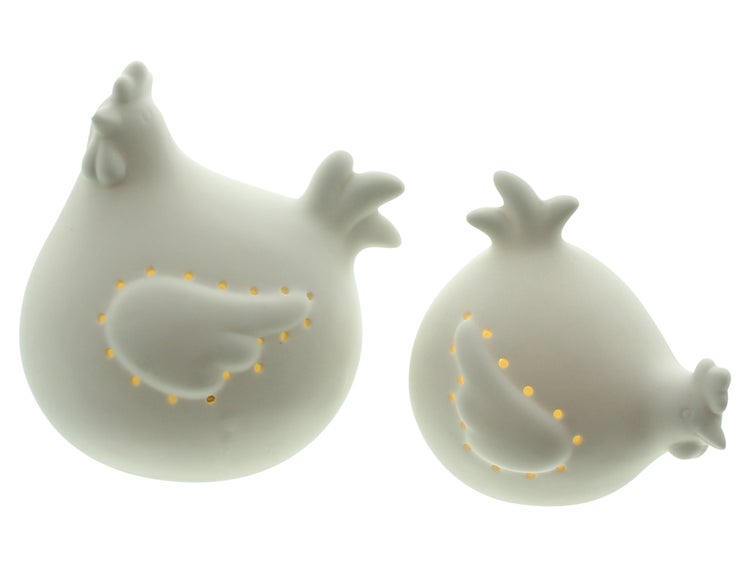 FRANK FLECHTWAREN | LED-Huhn White, 2er Set, PORZELLAN, KUNSTSTOFF, 11 x 9 x 10 cm, 12,5 x 11 x 13,5 cm