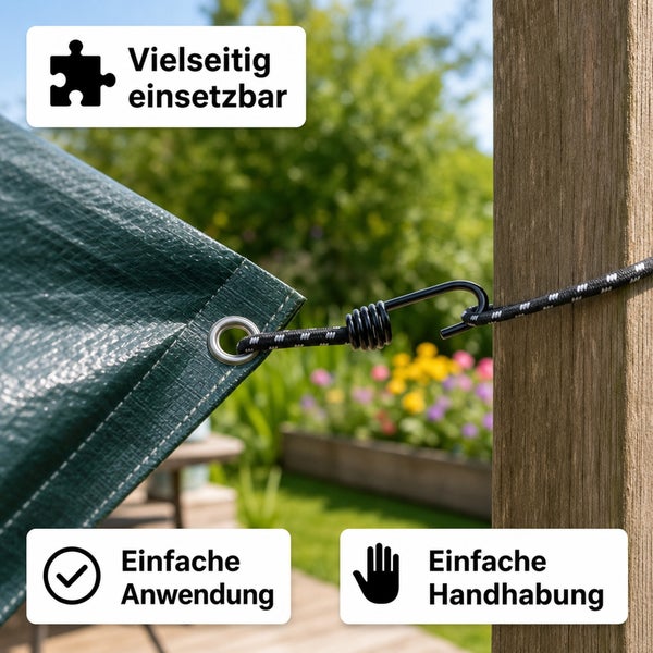 Abdeckplane mit Metallöse befestigt an einem Holzpfosten mittels Expanderseil mit Haken, inklusive Symbolen für Vielseitigkeit und Handhabung.