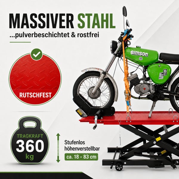 Motorradhebebühne aus pulverbeschichtetem Stahl, Tragkraft 360 Kilogramm, rutschfeste Plattform, höhenverstellbar von circa 18 bis 83 Zentimeter.
