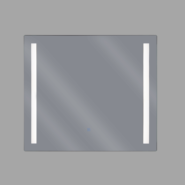 Rechteckiger Badezimmerspiegel mit integrierter LED Beleuchtung an den Seiten und Touch Schalter.