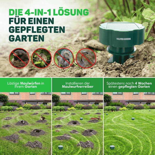 Vulpes Goods Maulwurfabwehr - Ultraschall Maulwurfschreck - Maulwurfvertreiber - Flexible Verwendung durch Solarmodul - 4 Stück