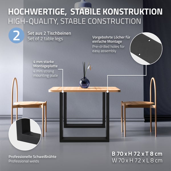 ECD Germany 2x Tischbeine aus Vierkantprofilen, 70 x 72 cm, Schwarz, pulverbeschichtete Stahl, Industriedesign, Metall Tischkufen Tischuntergestell Tischgestell Möbelfüße, für Esstisch Schreibtisch