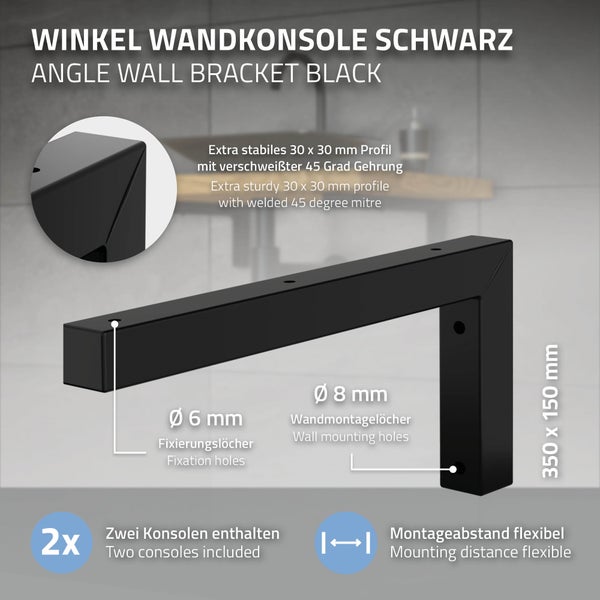 ML-Design 2er Set Wandkonsole Winkel L-Form für Waschtisch, 350x150 mm Schwarz Stahl, Design Waschtischhalterung, Wandhalterung für Waschtischplatte Waschbecken, Konsolenträger Regalträger Regalhalter