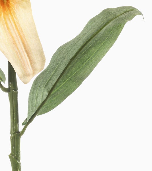 Detailansicht einer künstlichen Lilie mit grünem Stiel und Blatt.