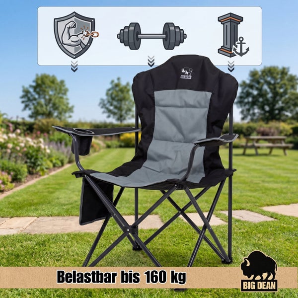 Faltbarer Campingstuhl von Big Dean mit Armlehnen und Getränkehalter, belastbar bis 160 Kilogramm, für Garten und Camping.