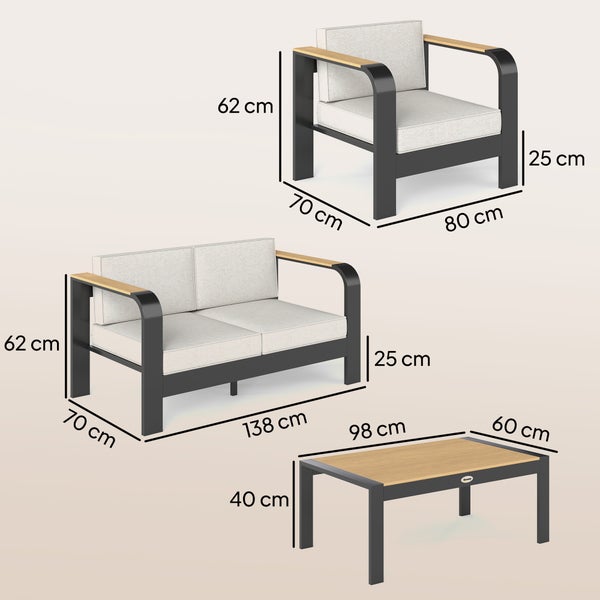 Gartenmöbel Set: Sessel 80 mal 70 mal 62, Sofa 138 mal 70 mal 62, Sitzhöhe 25 Zentimeter, Tisch 98 mal 60 mal 40 Zentimeter.