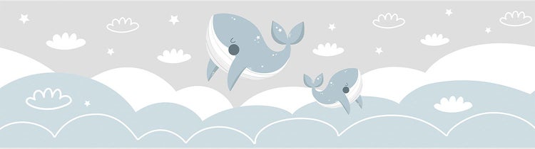 Tapetenbordüre für das Kinderzimmer mit zwei Walen, Wolken und Sternen im Illustrationsstil.