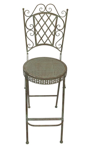 Gartenstuhl aus Metall mit rundem Sitz und dekorativer Rückenlehne