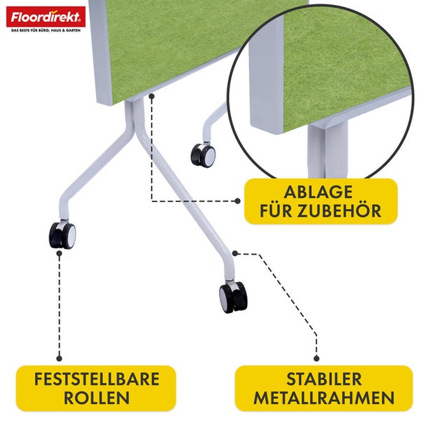 Mobile Trennwand mit feststellbaren Rollen, stabilem Metallrahmen und Ablage für Zubehör