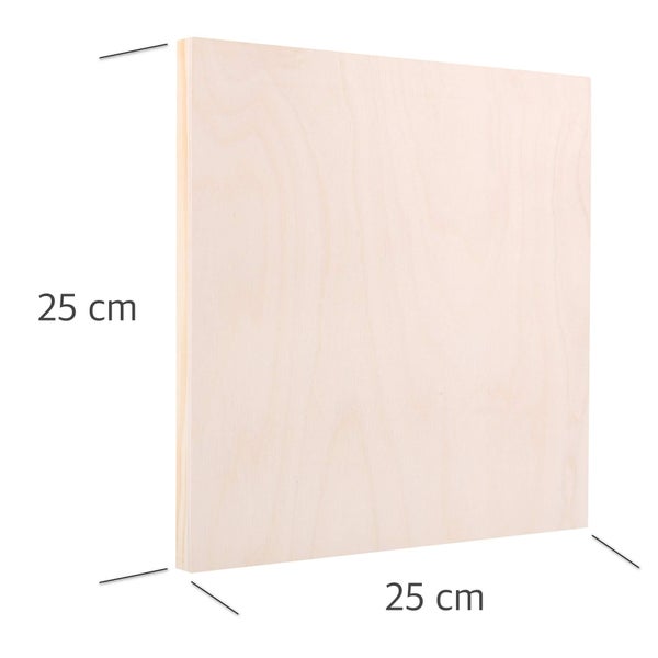 8 Holz-Malkörper von Creative Deco, aus natürlichem Buchensperrholz, 25 mal 25 Zentimeter, geschliffen und astfrei. Creative Deco Logo.