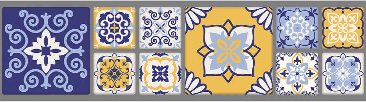 Dekorative Keramikfliesen mit verschiedenen mediterranen Ornamenten und Mustern.