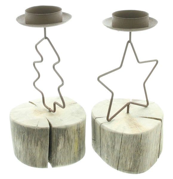 FRANK FLECHTWAREN | Teelichthalter Weihnachtszeit, 2er Set, ca. Ø 8 x 19 cm, METALL, HOLZ