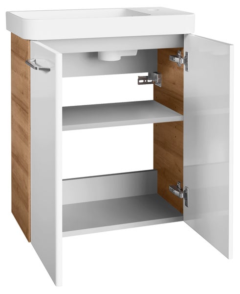 FACKELMANN MILANO Gäste WC Set 2 Teile / Waschbecken / Waschbeckenunterschrank mit 2 Türen / Badschrank mit Soft-Close / Badmöbel Set fürs kleine Bad / Korpus: Braun hell / Front: Weiß / Breite: 55 cm