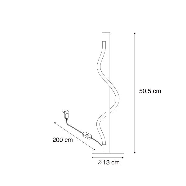 Technische Zeichnung einer Stehlampe mit den Massangaben: 50,5 cm Höhe, 13 cm Durchmesser Fuss, 200 cm Kabellänge