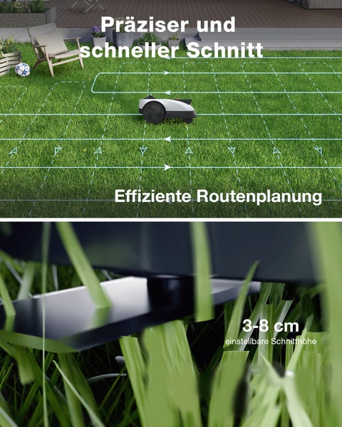 Mähroboter auf Rasen mit visualisierter Routenplanung und Detail der von 3 bis 8 Zentimeter einstellbaren Schnitthöhe.