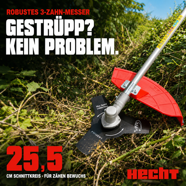 HECHT Motorsense mit robustem 3-Zahn-Messer und 25,5 Zentimeter Schnittkreis zur Beseitigung von dichtem Gestrüpp. HECHT Logo.