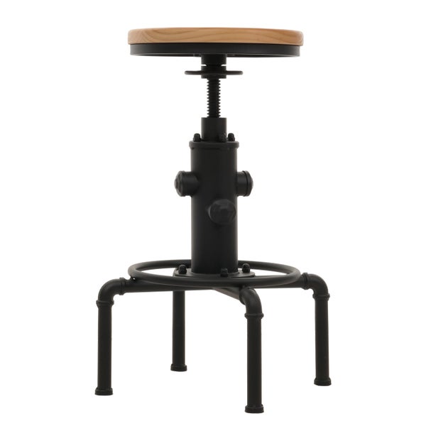 Höhenverstellbarer Barhocker im Industriedesign mit Holz-Sitzfläche und Metallgestell.