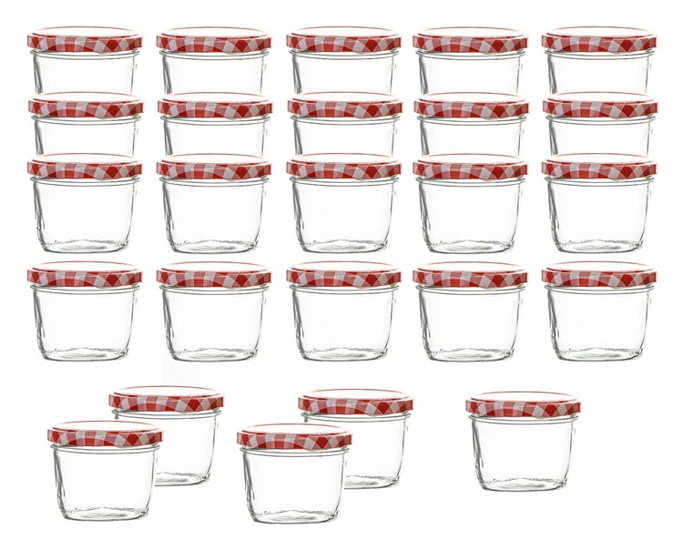 Glasgefäße mit rot karierten Deckeln im 24er-Set