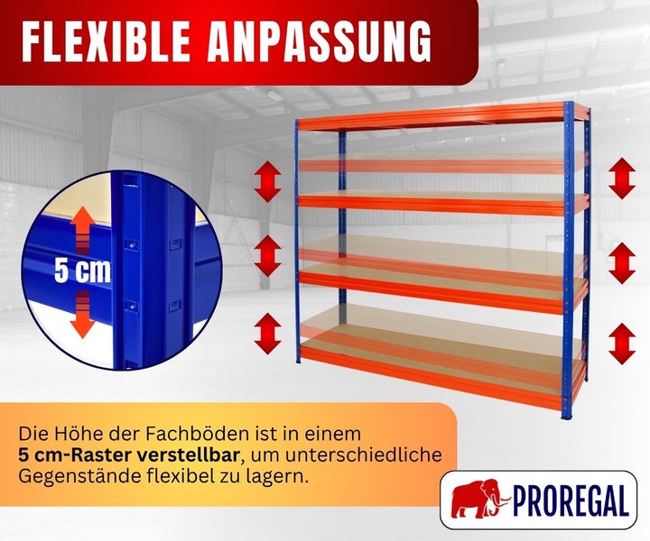 Proregal Schwerlastregal mit Illustration der in 5 Zentimeter Schritten höhenverstellbaren Fachböden. Proregal Logo.