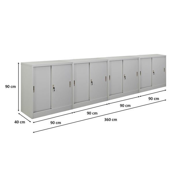 Mehrere graue Stahlschränke mit Schiebetüren und Schloss, Abmessungen 360 cm x 90 cm x 40 cm.
