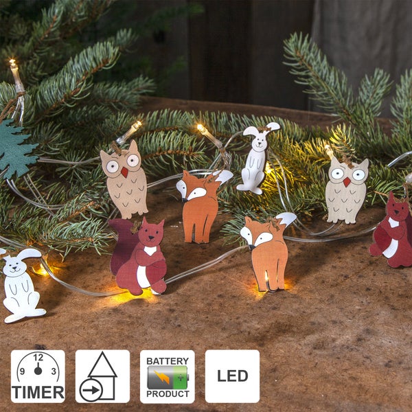 Dekorative LED Lichterkette mit Holzfiguren von Waldtieren, Timer und Batteriebetrieb