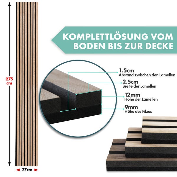Akustikpaneel mit den Maßen 275 x 27 Zentimeter und Detailinformationen zur Lamellenstärke