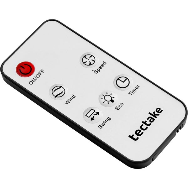 Fernbedienung für tectake Ventilatoren mit Tasten für Ein Aus, Geschwindigkeit, Timer, Eco, Schwenken und Wind. tectake Logo.