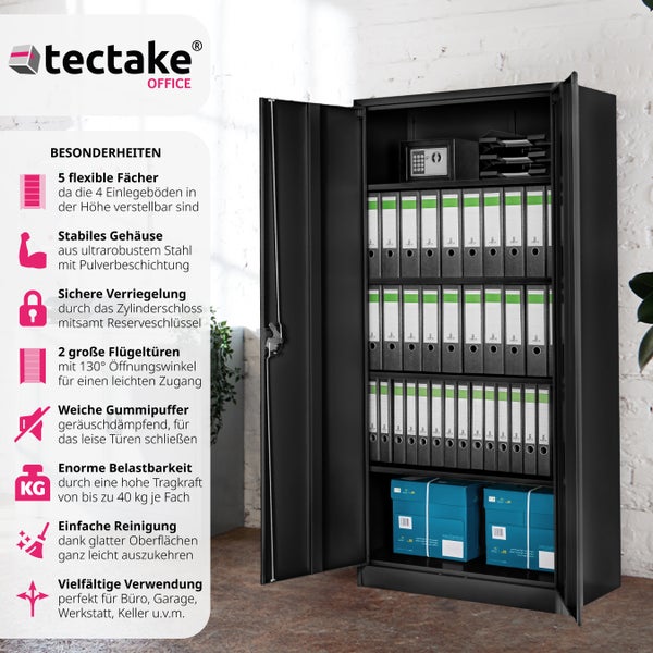 Aktenschrank tectake  180 x 90 x 40 cm aus pulverbeschichtetem Stahl schwarz