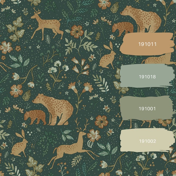Dekoratives Muster mit Waldtieren und Pflanzen sowie Farbfeldern mit Nummern