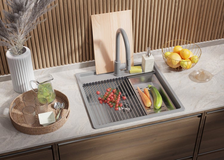 PRIMAGRAN Eckspüle Grau 56x53cm, Granitspüle 1 Becken + Ablauf-Set + Schneidebrett, Küchenspüle ab 60er Unterschrank - Bergen