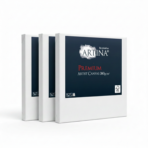 Dreierset Artina Premium Künstlerleinwand auf Keilrahmen, 380 Gramm pro Quadratmeter, FSC-zertifiziert für nachhaltige Waldwirtschaft.