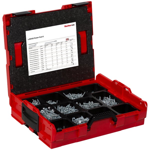 Fischer L-BOXX Power-Fast II Schraubenset in Kunststoffkoffer mit mehreren Fächern für verschiedene Schraubengrößen und Übersichtstabelle.