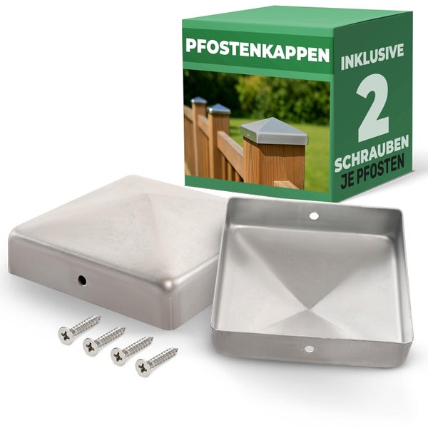 Pfostenkappen aus Edelstahl in Pyramidenform inklusive Befestigungsschrauben für Zaunpfosten.