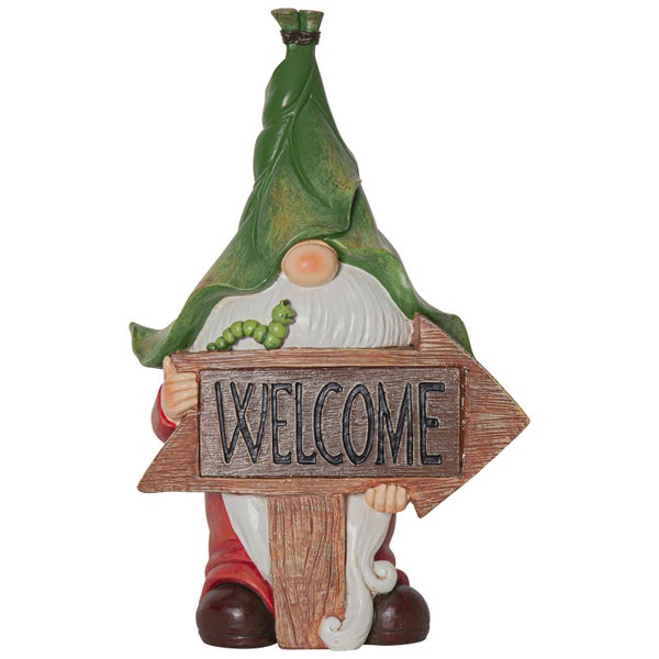 Gartenzwerg mit Willkommensschild als Dekoration