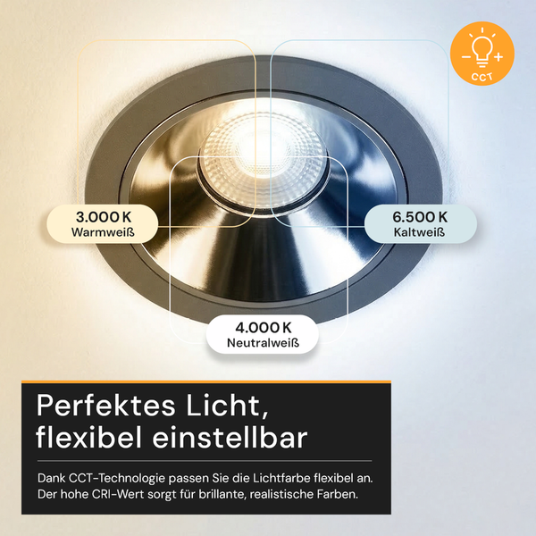 LED Einbaustrahler mit Technologie zur flexiblen Einstellung der Lichtfarbe von 3000 Kelvin Warmweiß bis 6500 Kelvin Kaltweiß.