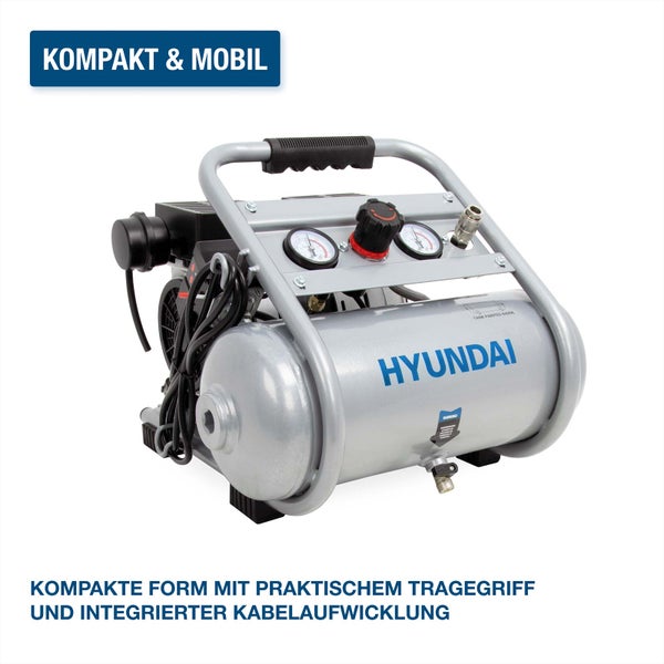 Kompakter und mobiler Hyundai Kompressor mit praktischem Tragegriff und integrierter Kabelaufwicklung.