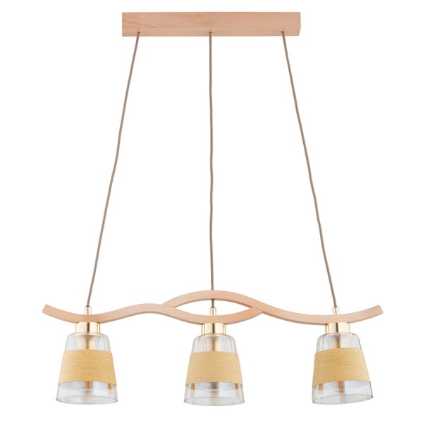 Dreiflammige Pendelleuchte mit Holz-Elementen und Glas-Schirmen mit Sisal-Umwicklung.