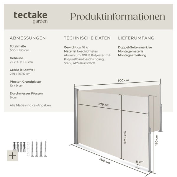 Doppel-Seitenmarkise tectake  180 x 600 cm aus Aluminium beige