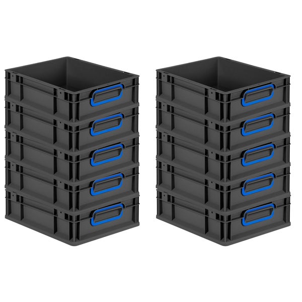 PROREGAL SparSet 10x Eurobox NextGen Color, HxBxT 12x30x40cm, 11 Liter, Griffe blau geschlossen, Schwarz, Eurobehälter, Transportbox, Transportbehälter, Stapelbehälter